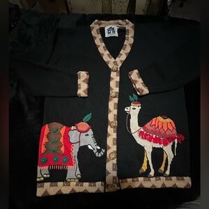 STORYBOOK KNITS Black Ramie Cotton Cardigan Embellished 3-D Lavish Designs SM